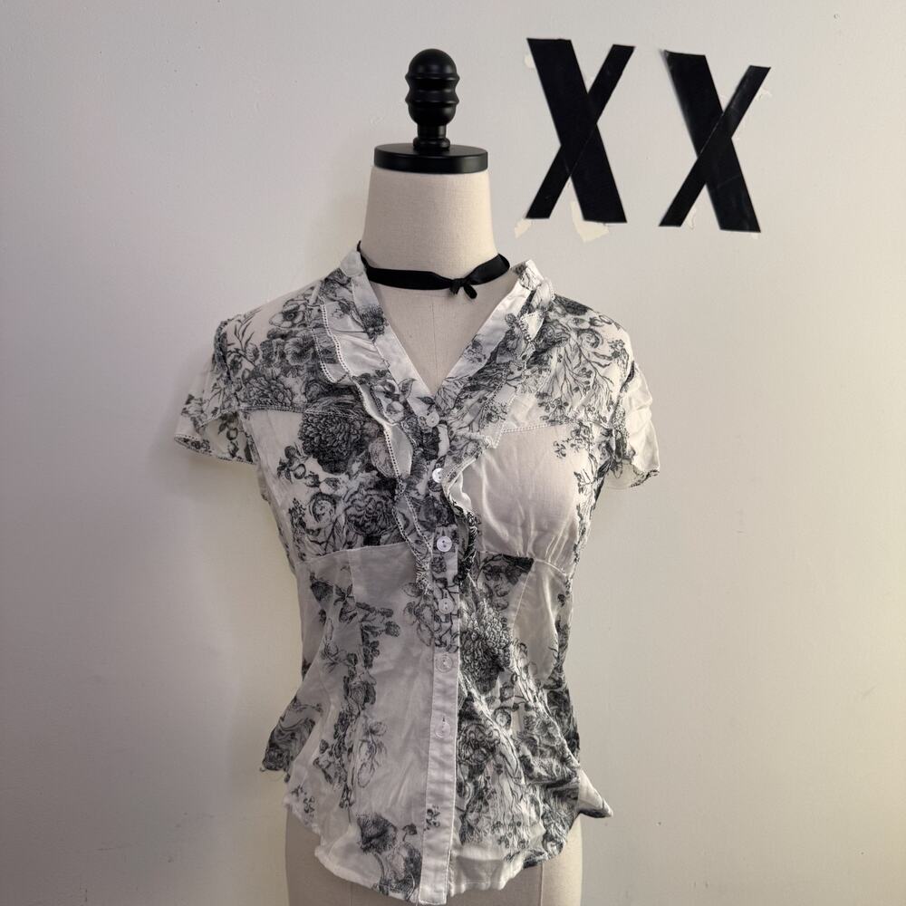 Vintage Y2K White Black Floral Fitted Button Up Cap Sleeve Top Indie Fairy 4